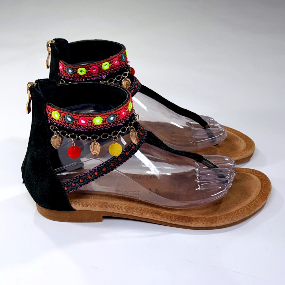 Vintage Havana Charlie Sandals Womens 8 Black Embroidered Pom Pom Gladiator Boho